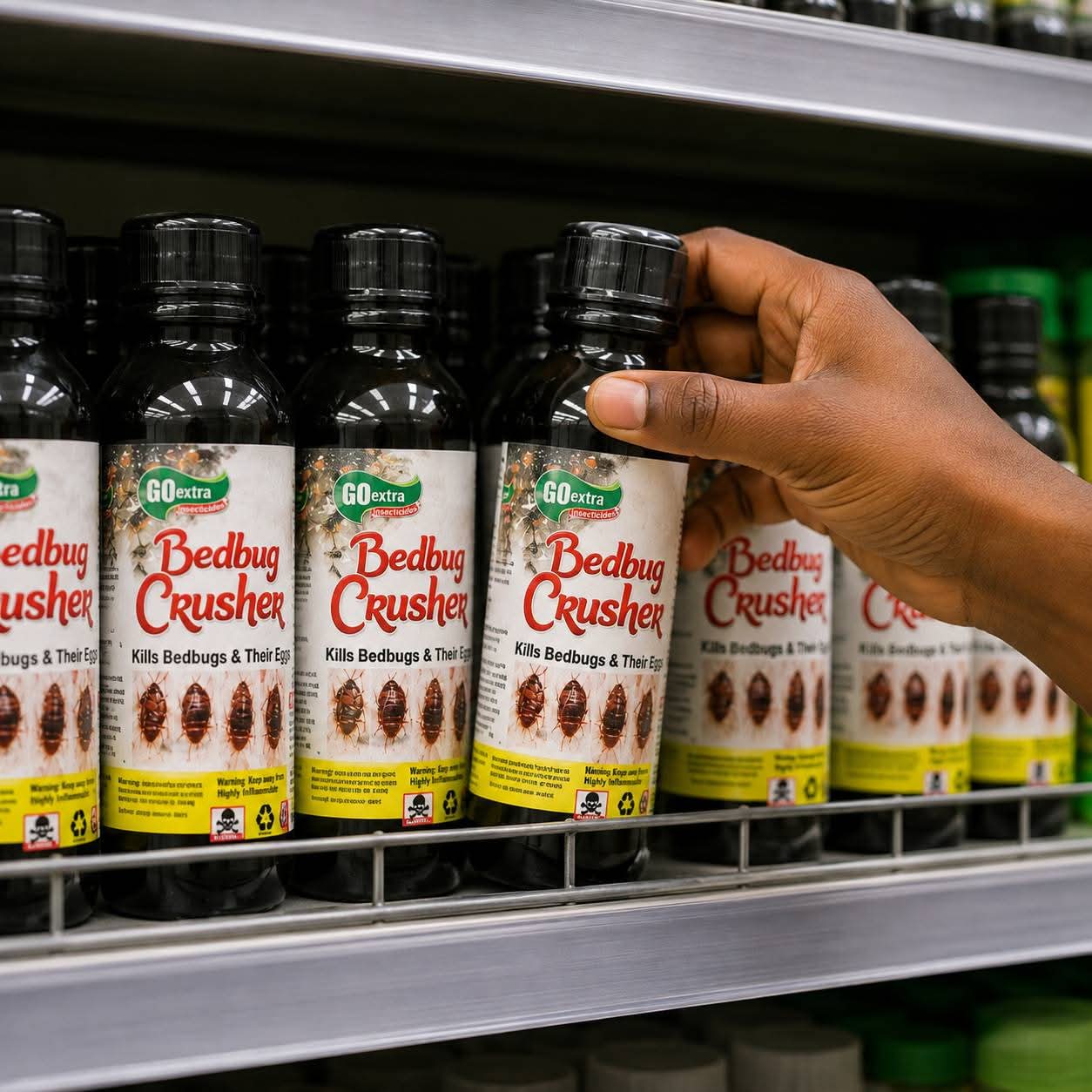 Bedbug Crusher bottles on a supermarket shelf
